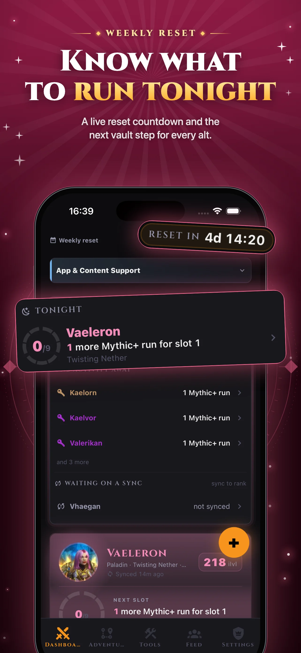 VaultAlts on the App Store: Know what to run tonight. A live weekly reset countdown and the next vault step for every alt.