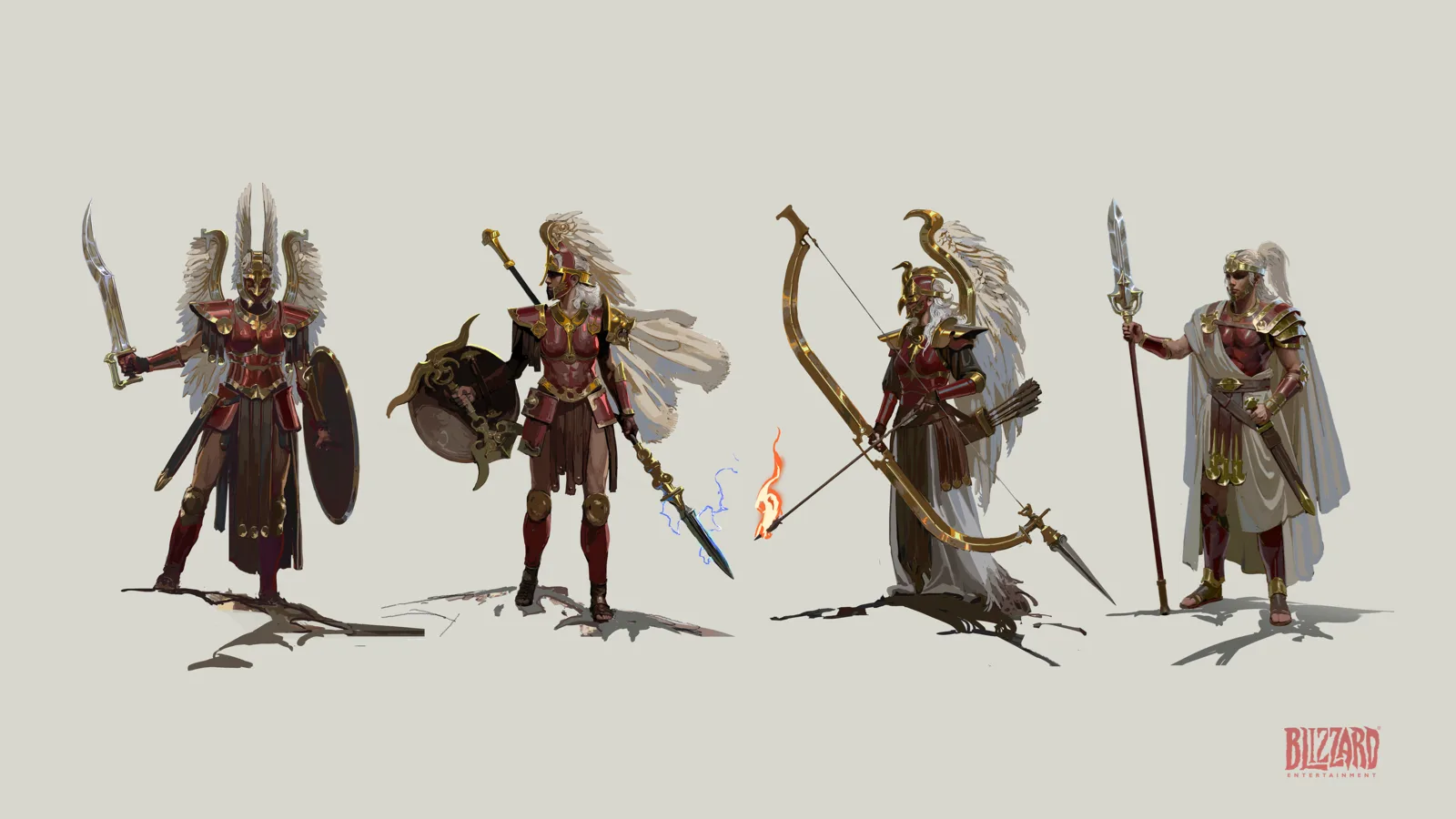 Concept art of the four Amazon archetypes side by side: sword and shield, javelin, bow and spear