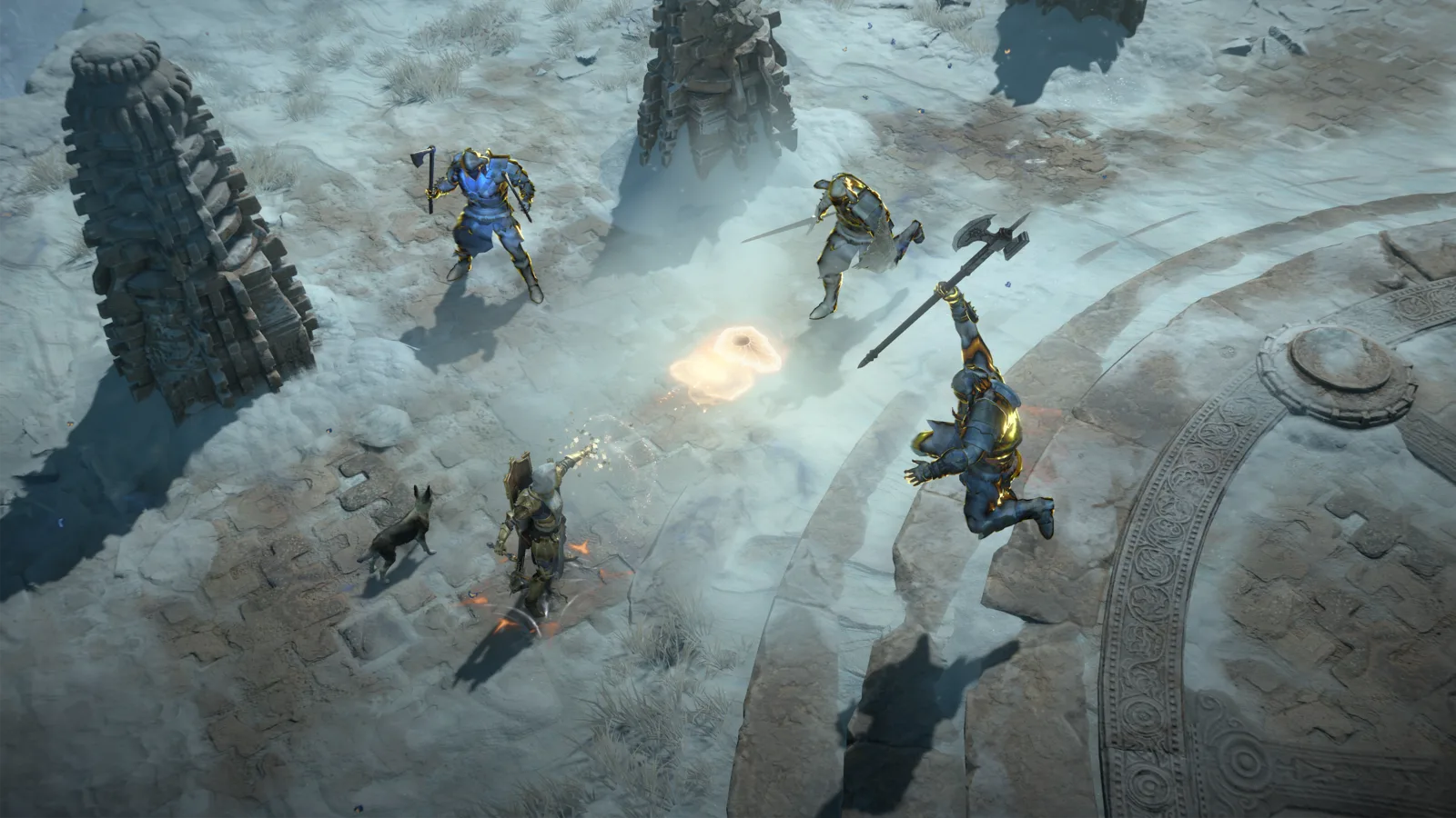 A party fighting in the snow among broken pillars during the Season of Hell's Legacy questline
