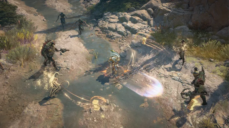 A Paladin fighting cultists on a rocky riverbank in Skovos, from Diablo IV: Lord of Hatred