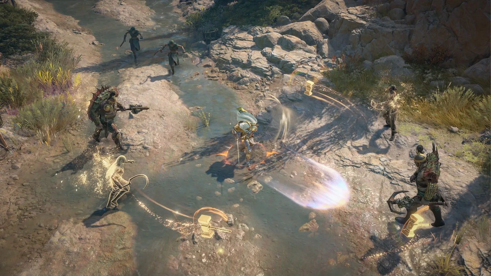 A Paladin fighting cultists on a rocky riverbank in Skovos, from Diablo IV: Lord of Hatred