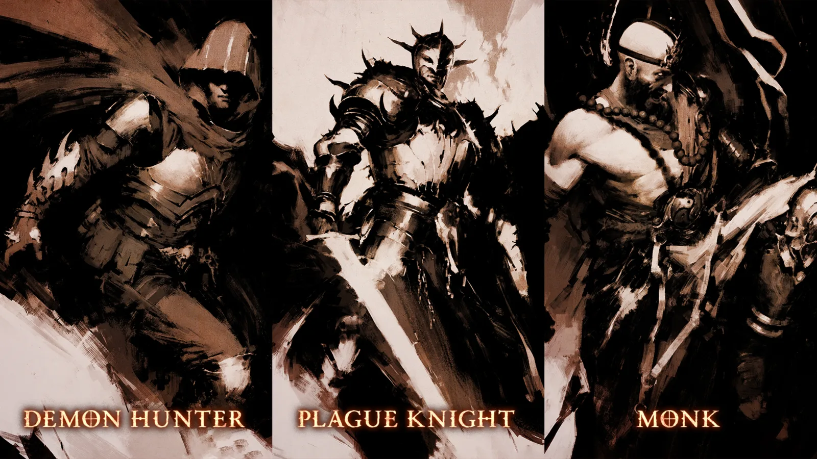 Diablo V class reveal art: the Demon Hunter, Plague Knight and Monk