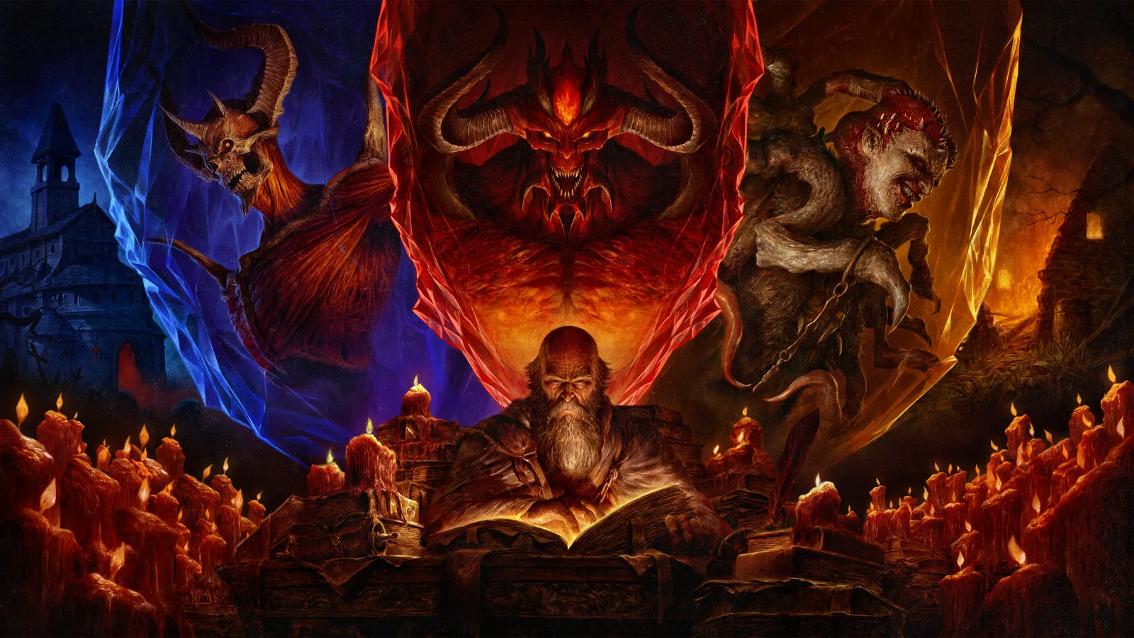 Season of Hell's Legacy key art: Deckard Cain reading by candlelight beneath the faces of Diablo, Mephisto and Baal