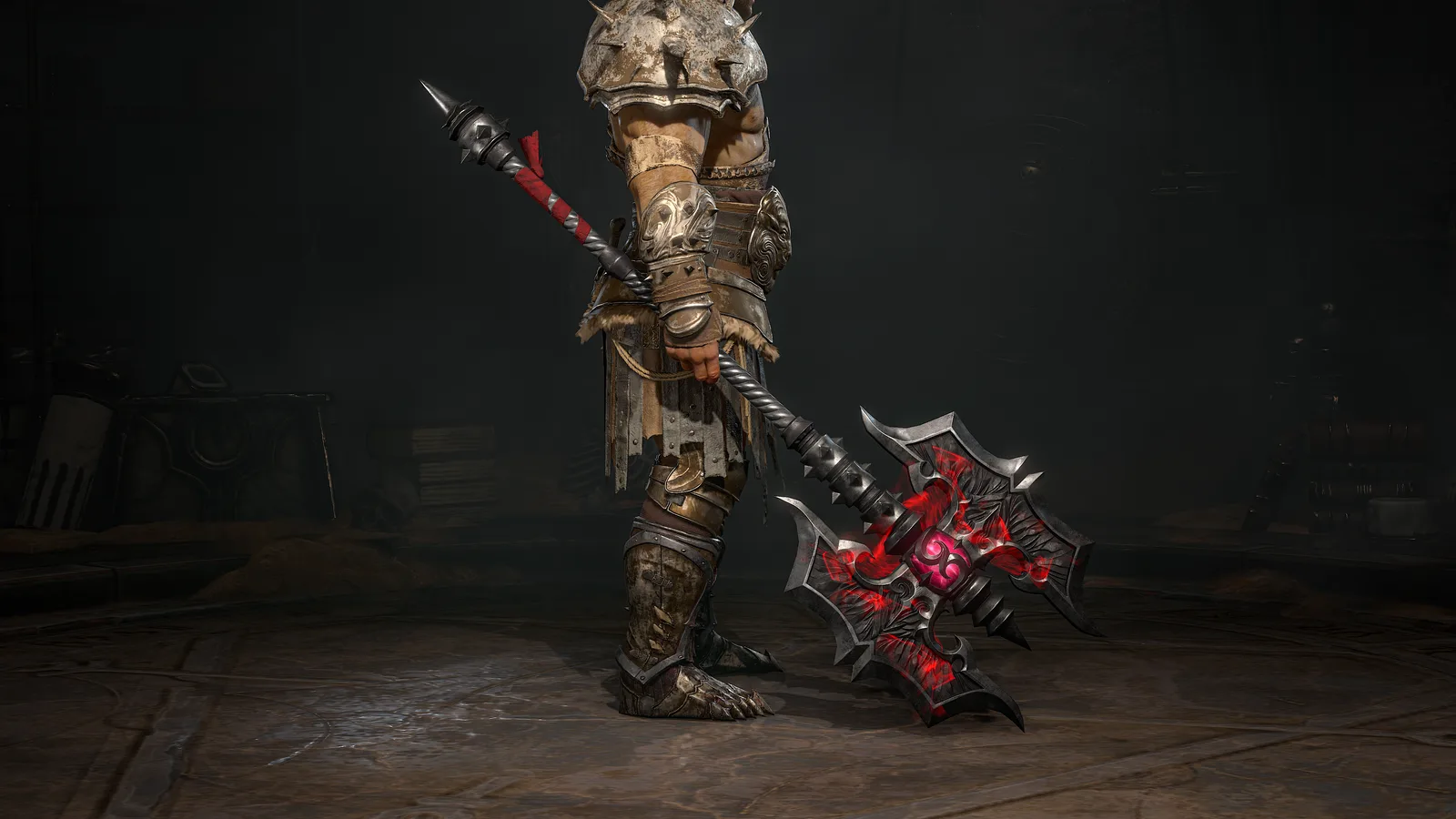 An armored character holding a two handed axe with a red glow, from the Season of Hell's Legacy screenshots