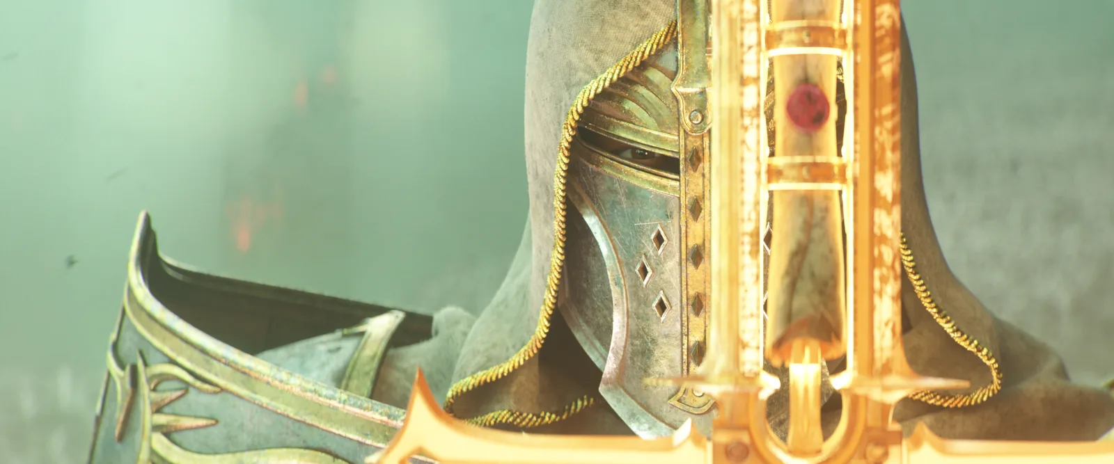 A close up of a Paladin's helmet and sword hilt from the Lord of Hatred cinematic