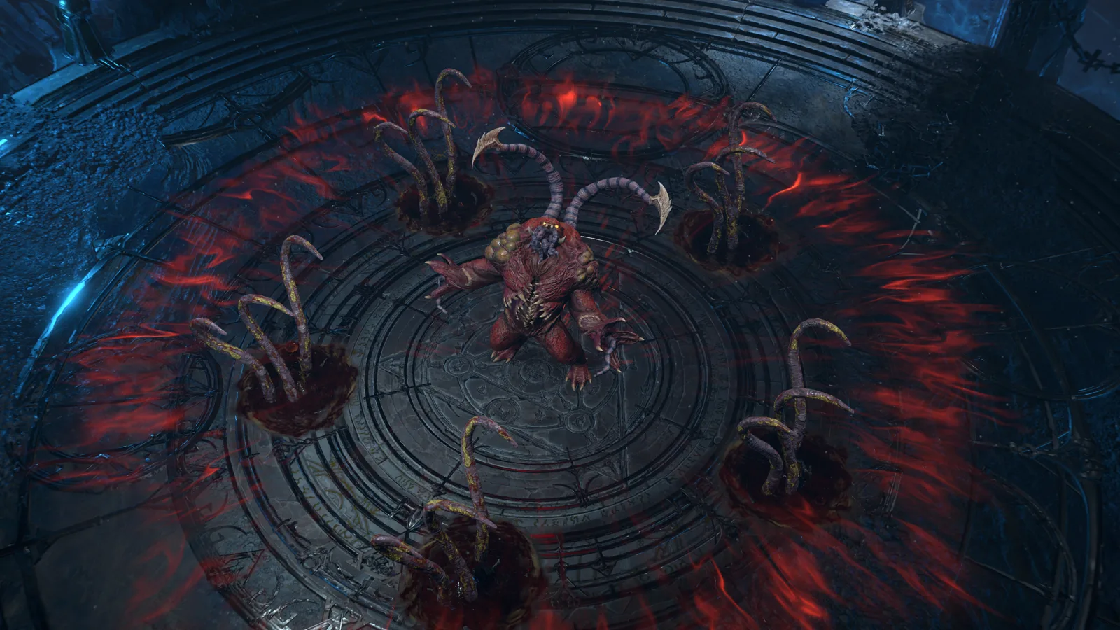 A boss in the centre of a circular arena ringed by red tendrils, inside a Waking Nightmare dungeon