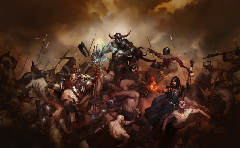 Diablo IV launch key art: the five launch classes fighting through a crowd of demons
