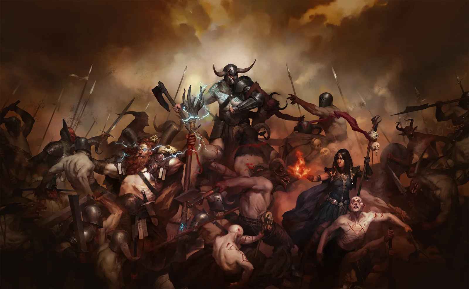 Diablo IV launch key art: the five launch classes fighting through a crowd of demons