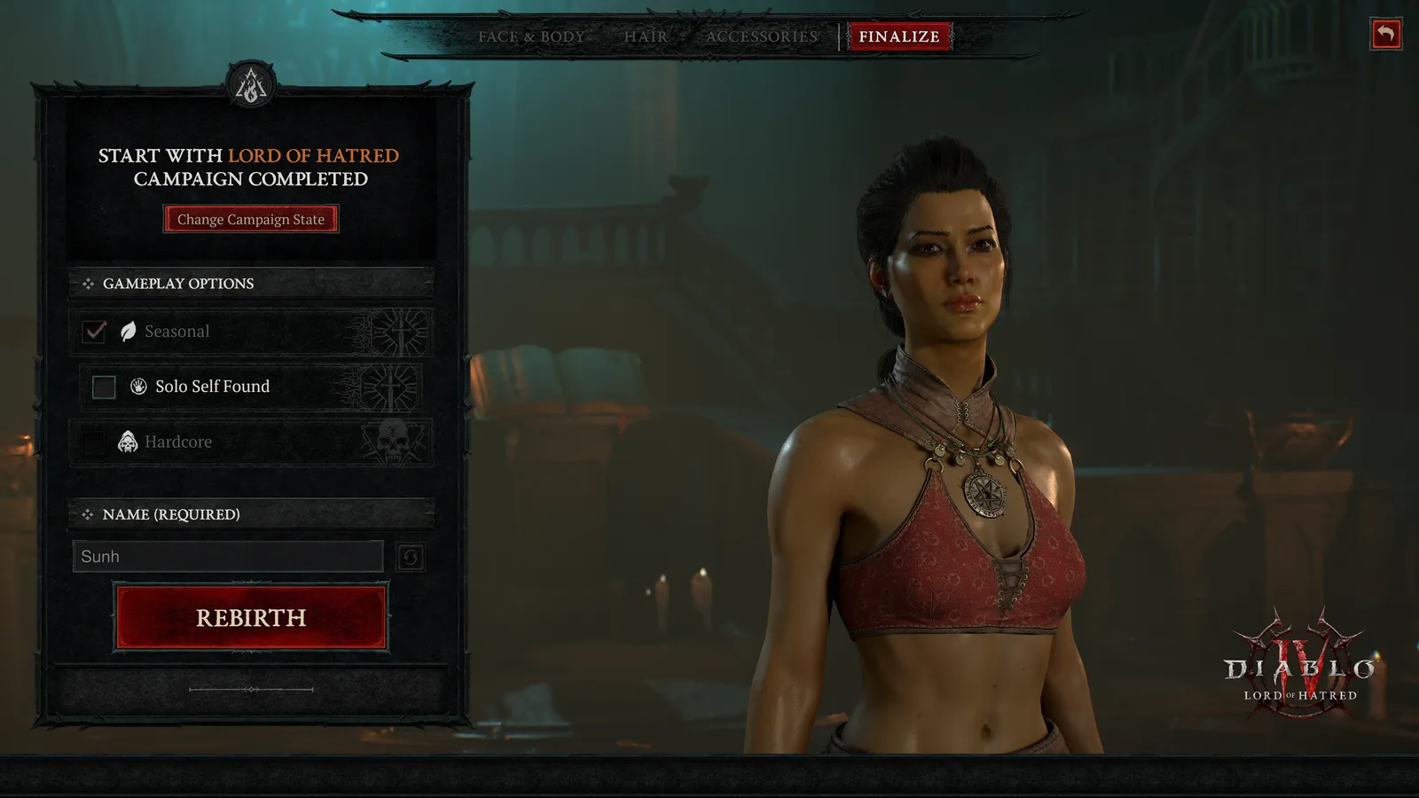 The Rebirth screen, with gameplay options and a Rebirth button next to a character