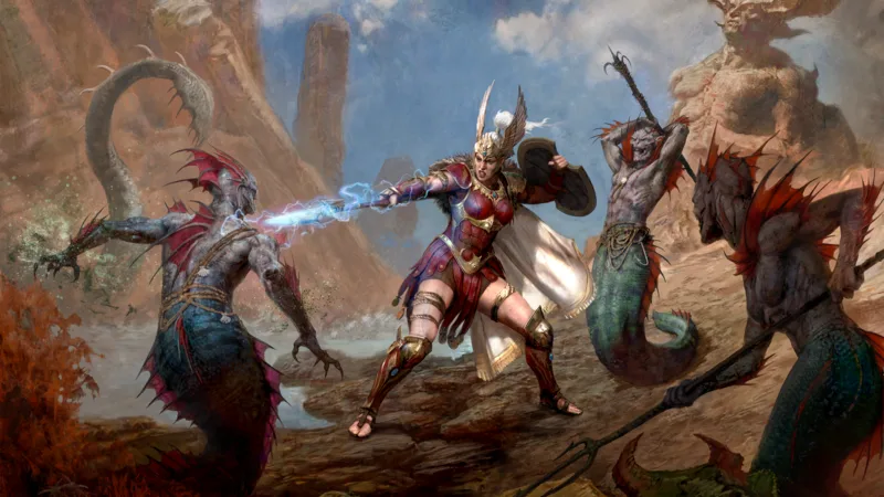 Amazon class key art: an Amazon with a spear and shield fighting two sea creatures on a rocky shore
