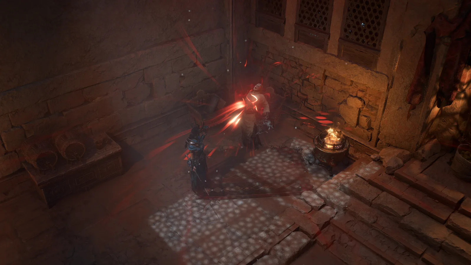 A dark wanderer standing in a stone chamber with a red glow above him, from Season of Hell's Legacy