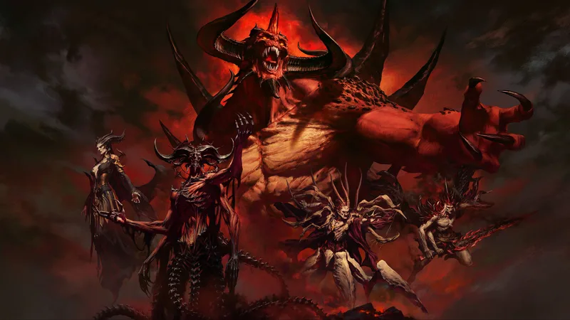 Diablo 30th anniversary key art: Diablo towering over a group of heroes from across the series
