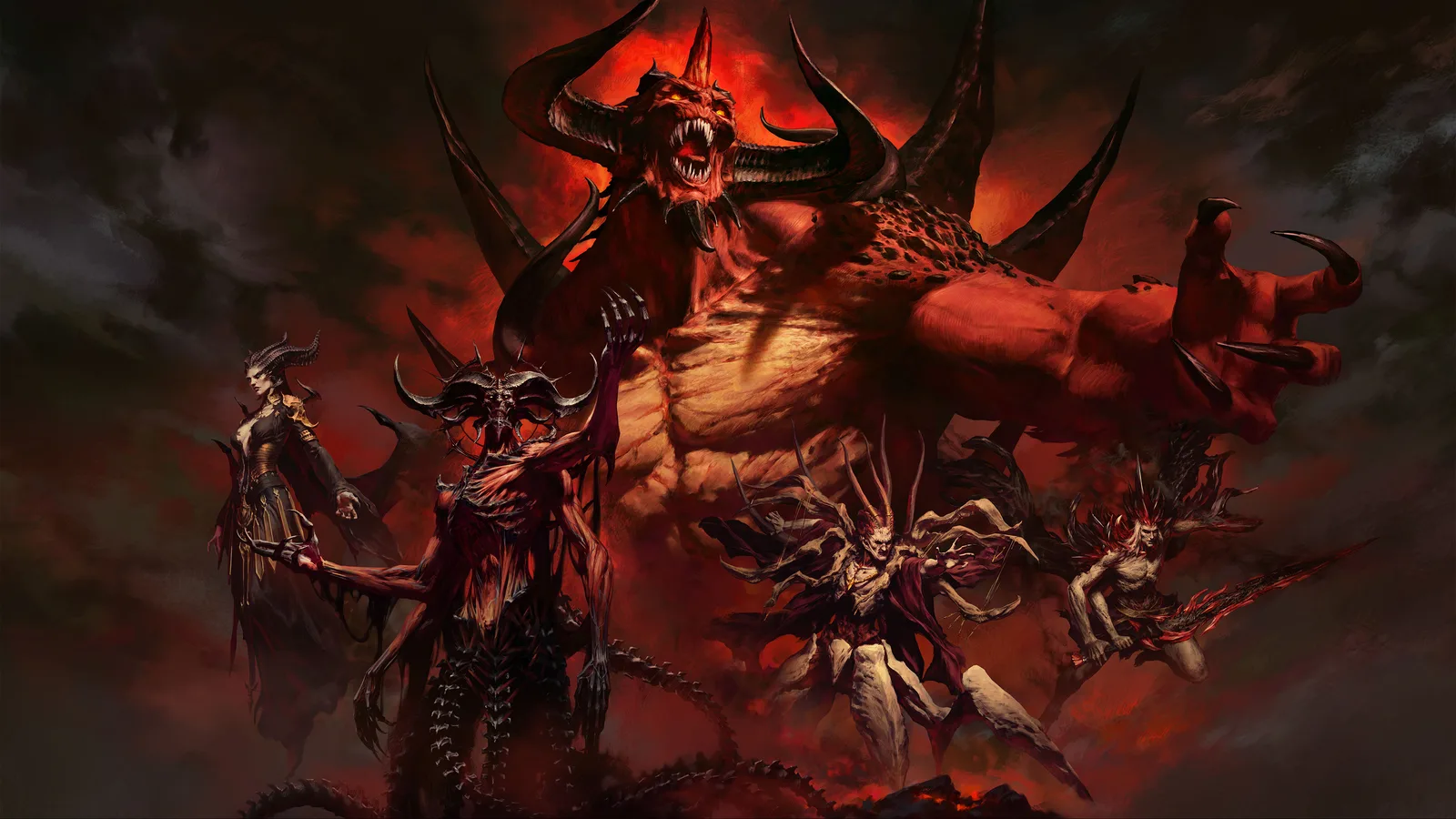 Diablo 30th anniversary key art: Diablo towering over a group of heroes from across the series