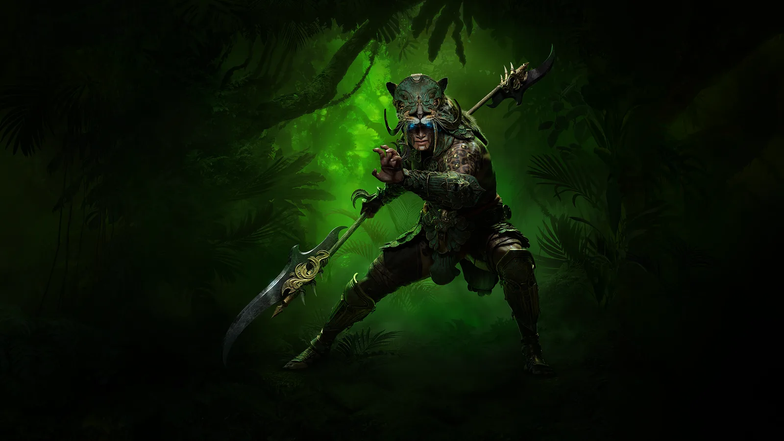 Spiritborn key art: the class crouching with a glaive in a green jungle