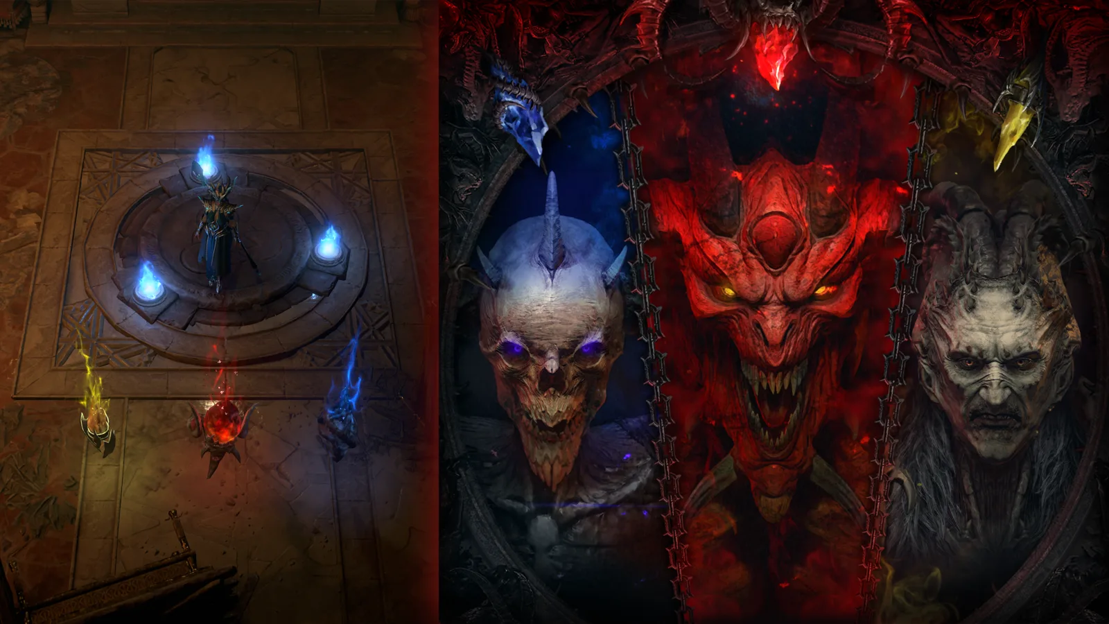 The Splinters of Evil screen with the three Prime Evils, Baal, Diablo and Mephisto, shown as banners