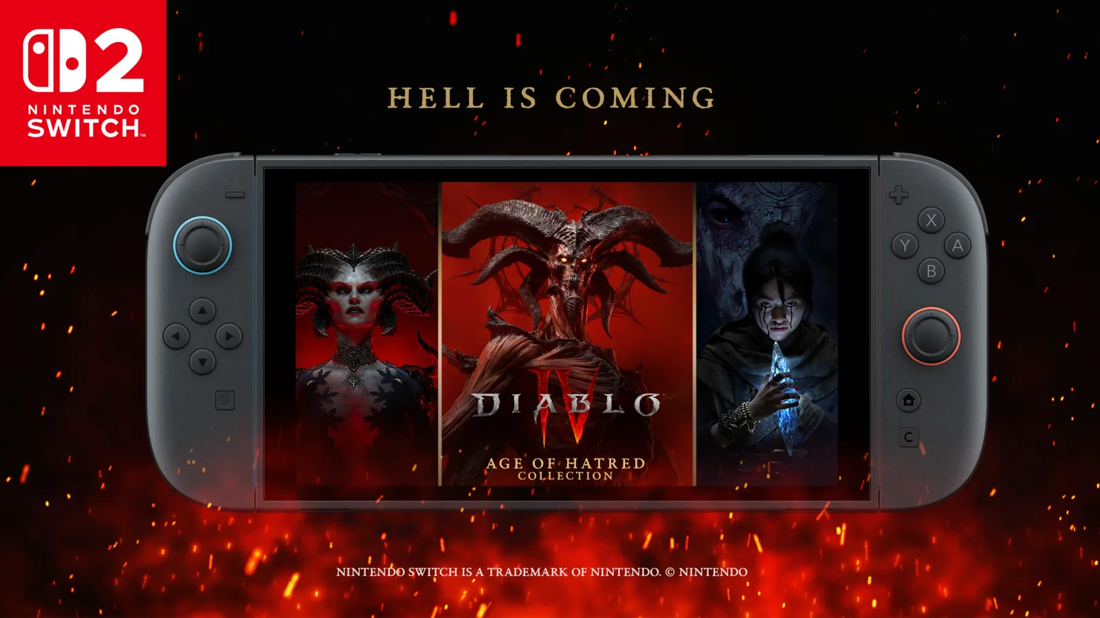 Diablo IV: Age of Hatred Collection shown on a Nintendo Switch 2 with the words Hell is coming
