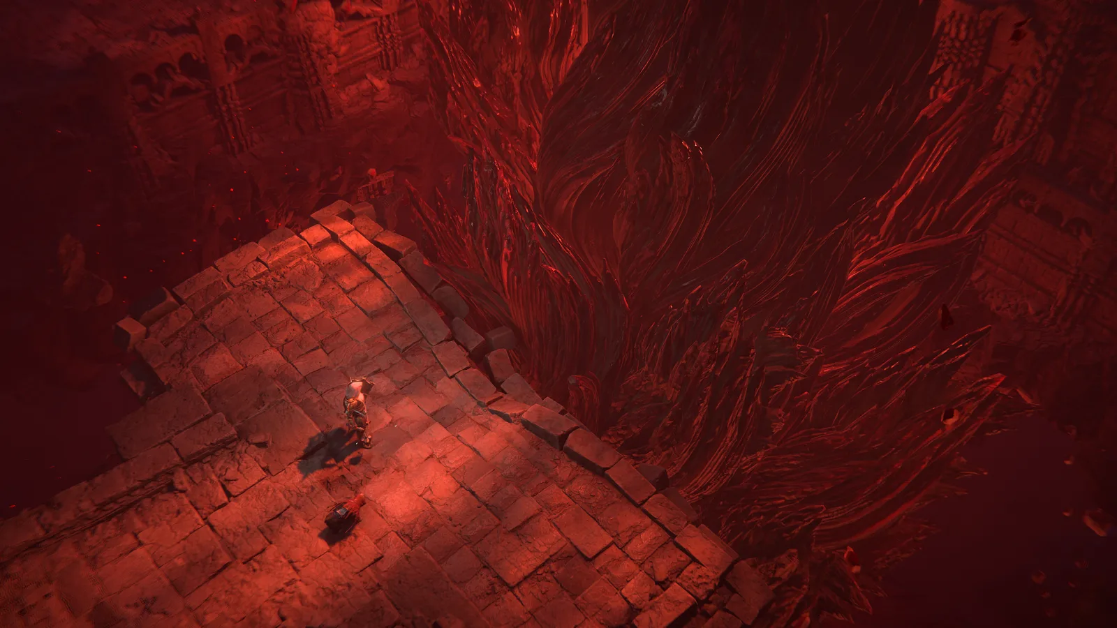 A lone character on a stone bridge inside a red Waking Nightmare