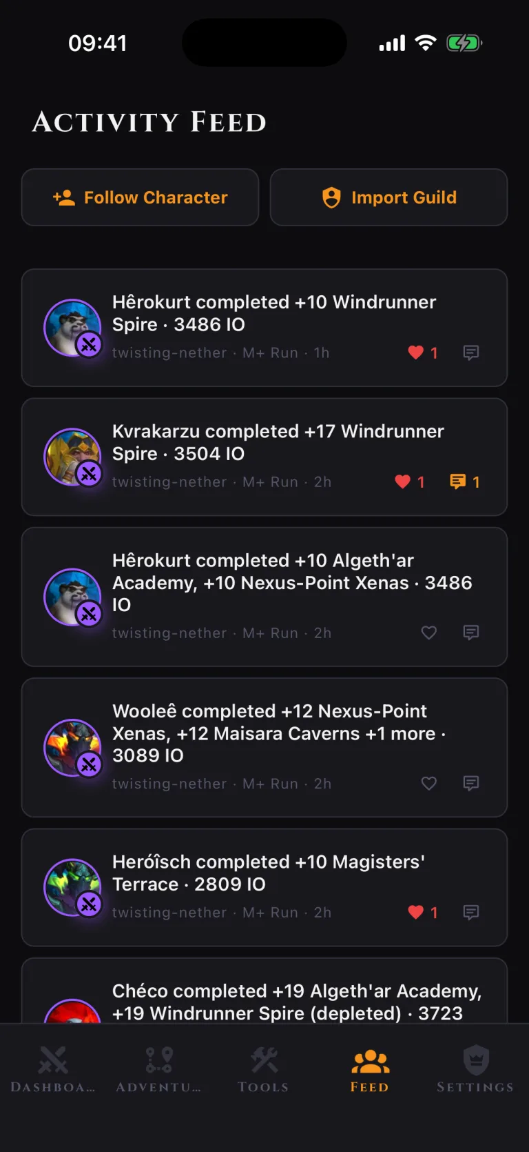 Social activity feed, VaultAlts screenshot