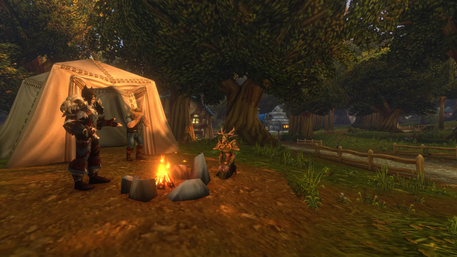 Adventurers sitting around a campfire beside a tent in a forest clearing, the Camping system in World of Warcraft: Forever