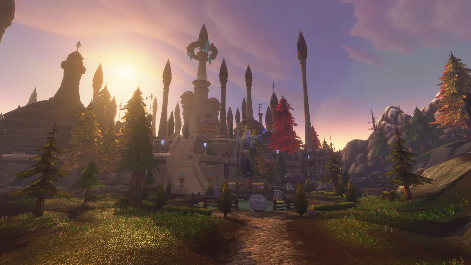 The towers of Dalaran seen from the road at sunset in World of Warcraft: Forever