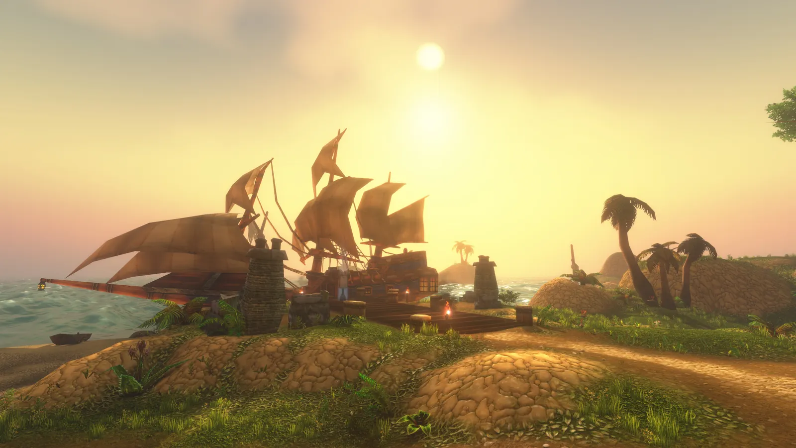 A ship anchored beside a tropical beach on the Darkspear Islands battleground