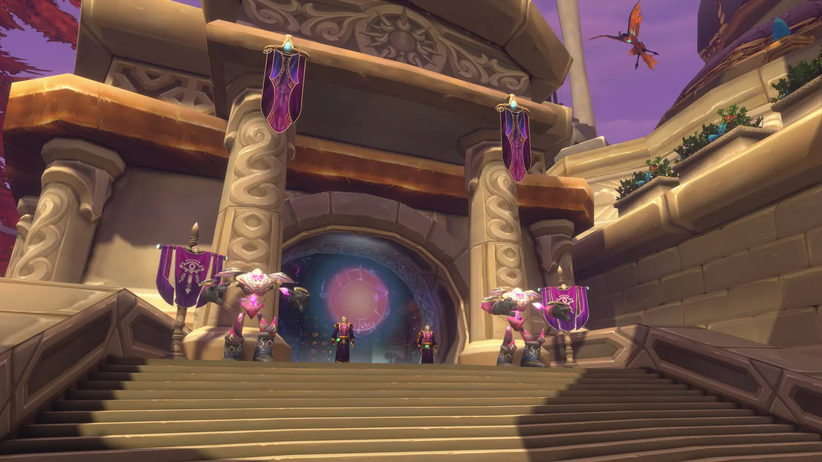 A glowing violet portal between marble columns in the City of Dalaran dungeon