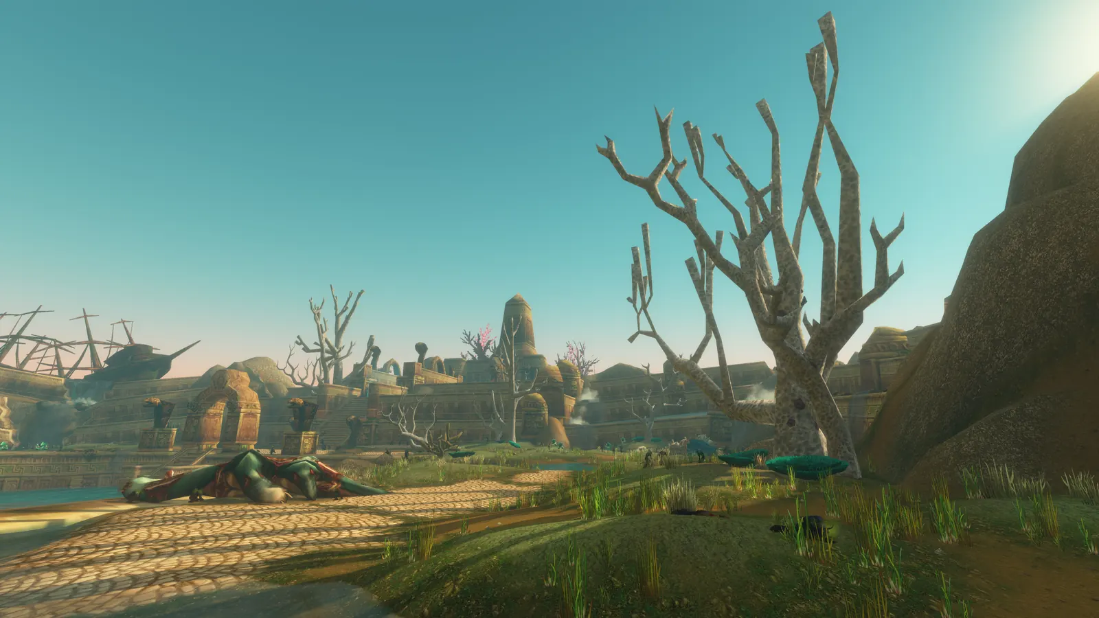 Beached shipwrecks and dead trees on the shore of the Drowned City