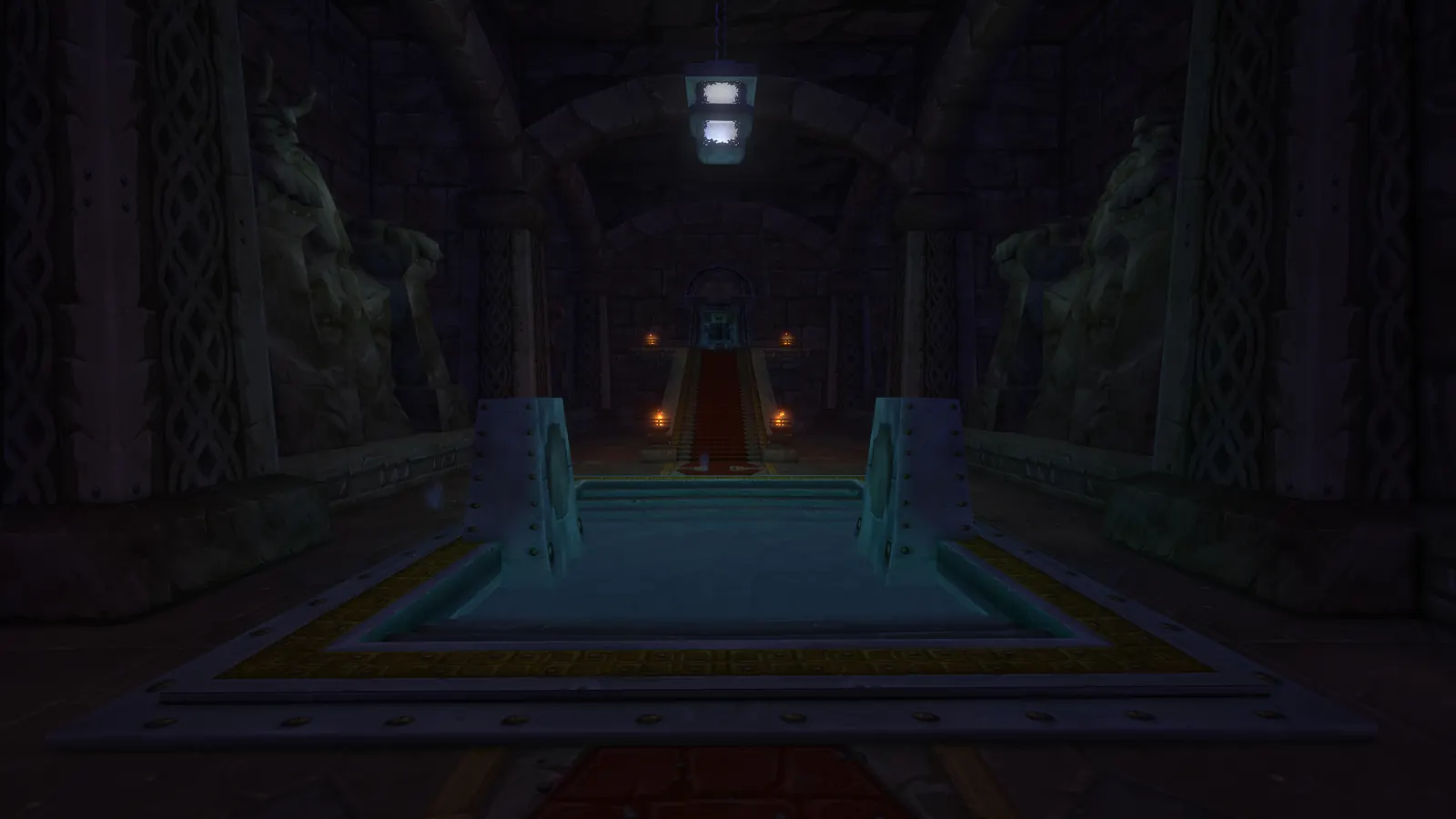 A torch lit dwarven hall beneath Ironforge, the Hall of Thanes dungeon