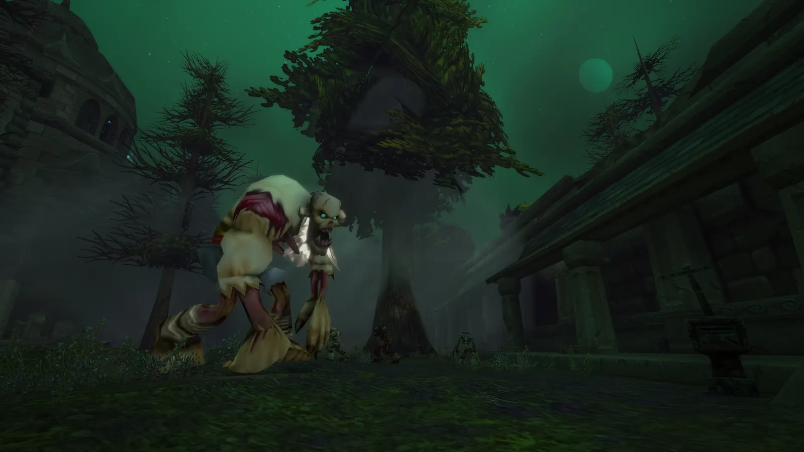 Ruined stone halls under a dark sky in the Ruins of Lordaeron dungeon