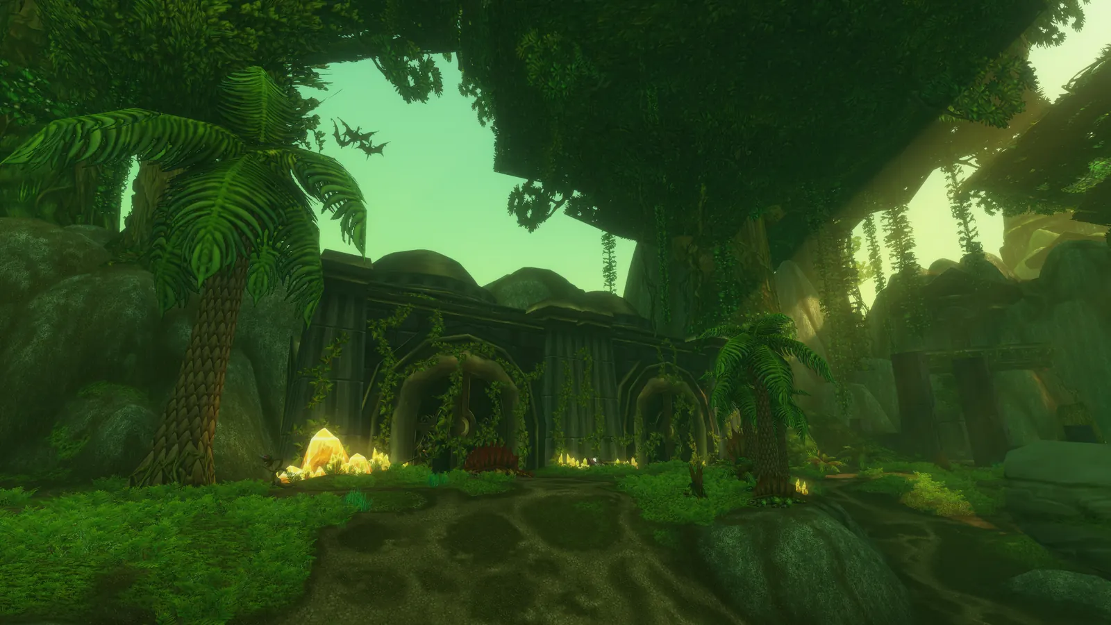 Jungle ruins overgrown with green vines in the Shaper's Terrace dungeon