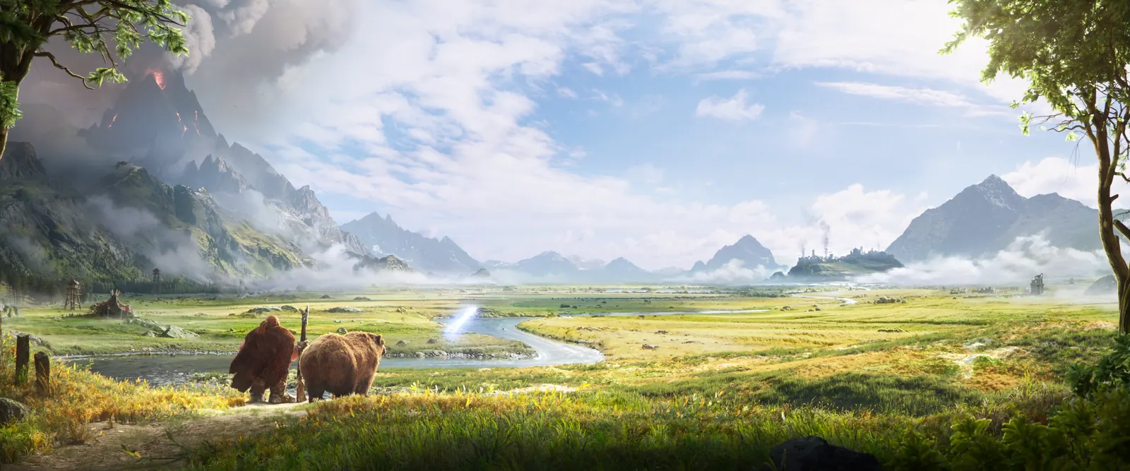 A dwarf and a bear walk into a wide green valley toward distant mountains in the World of Warcraft: Forever cinematic