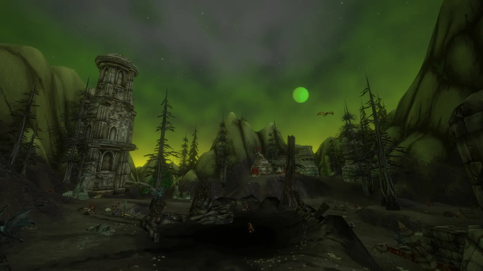 Green light over ruined stonework on the slopes of Mount Hyjal