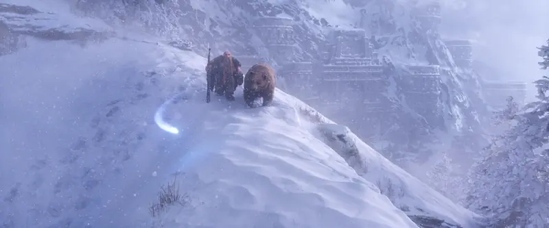 A dwarf and a bear climb a snowy mountain slope toward an ancient stone fortress in the World of Warcraft: Forever cinematic