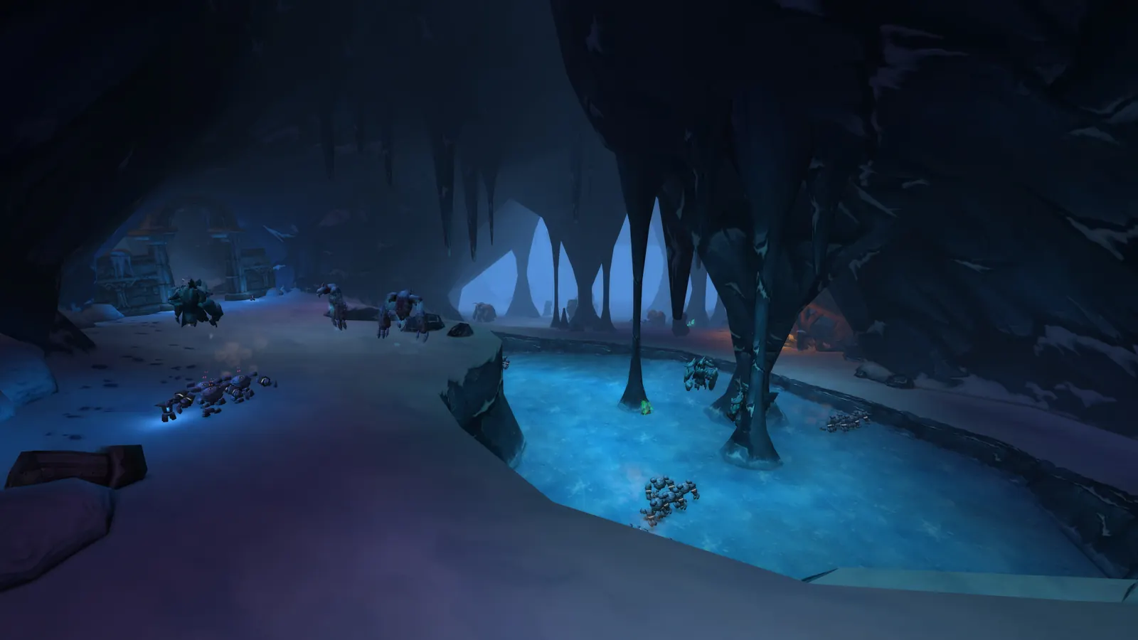 A glowing blue underground lake in the Barrow Deeps raid