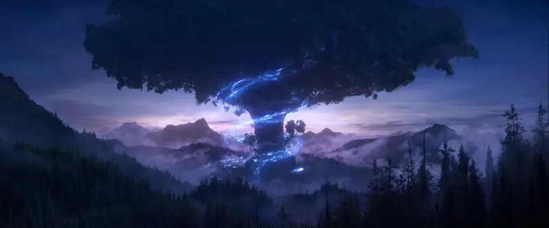 A floating island wreathed in swirling blue wind above a twilight mountain range, from the World of Warcraft: Forever cinematic