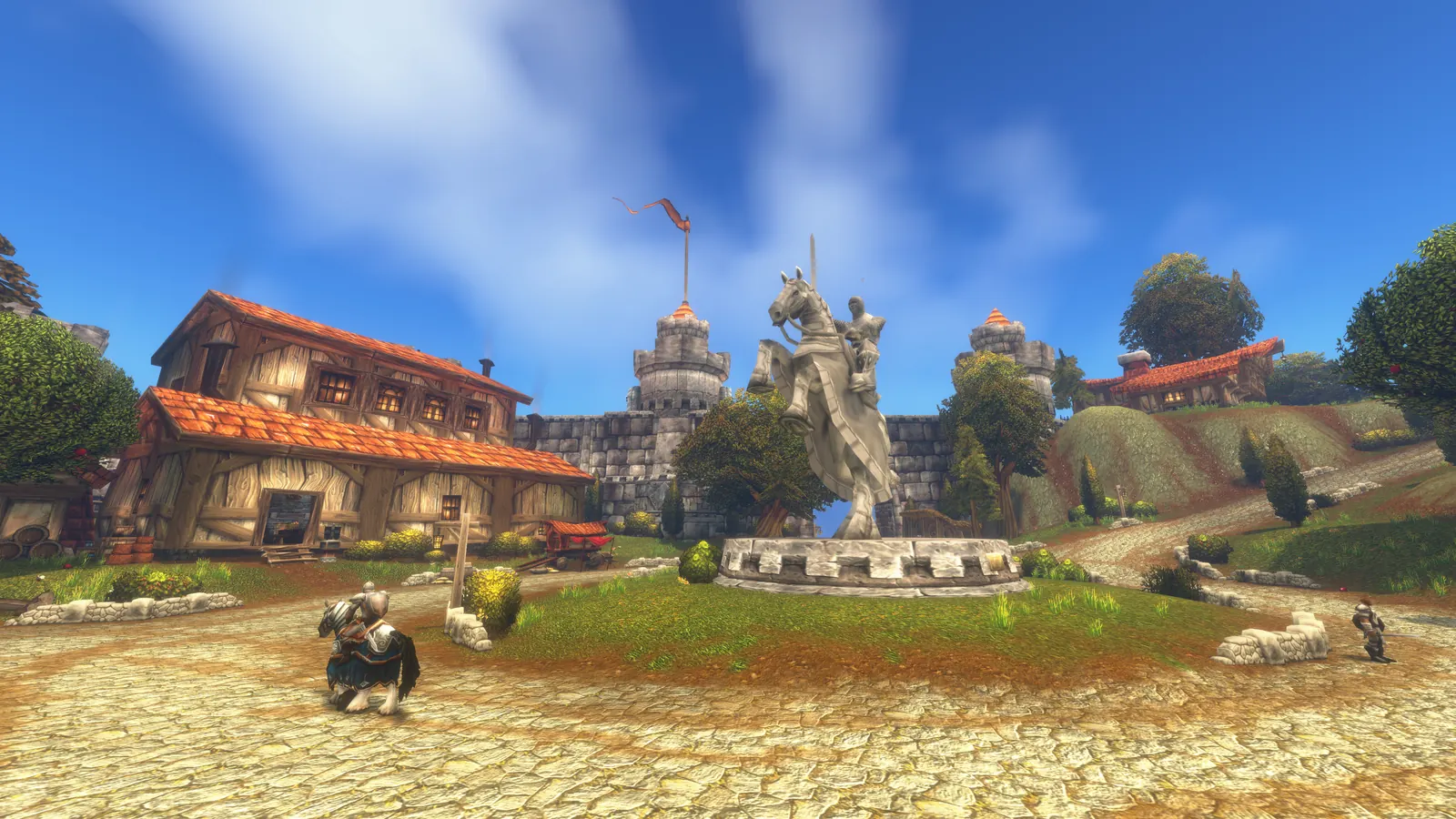 A human settlement with a statue and market stalls in the Riverglades