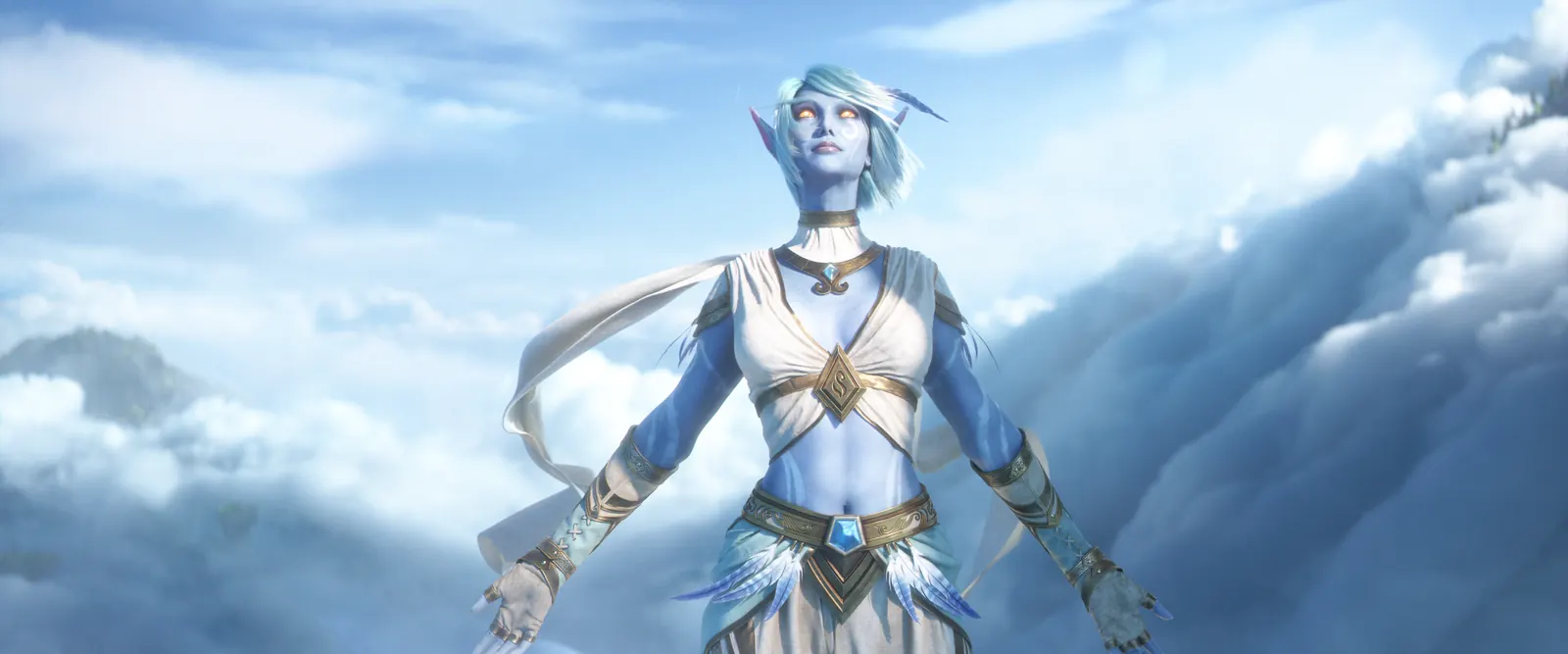 A Skyborne woman with white hair and blue skin against a cloudy sky in the World of Warcraft: Forever cinematic