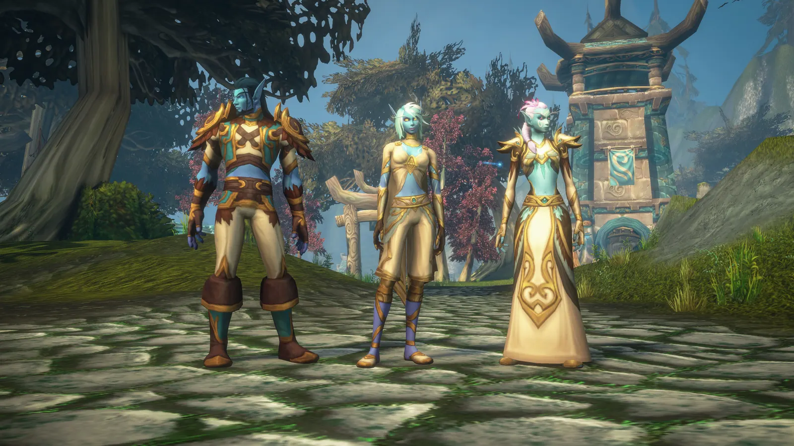 Three Skyborne characters in leather, cloth and mail armor standing on a paved path on Zephras Isle