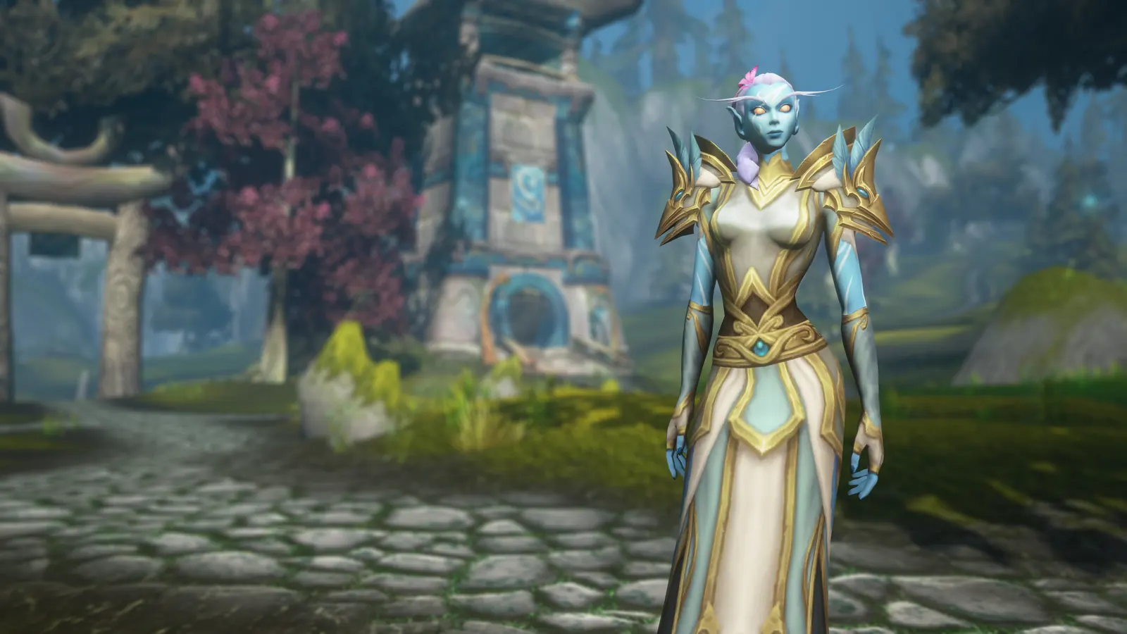A Skyborne character in white and gold armor standing among ruins
