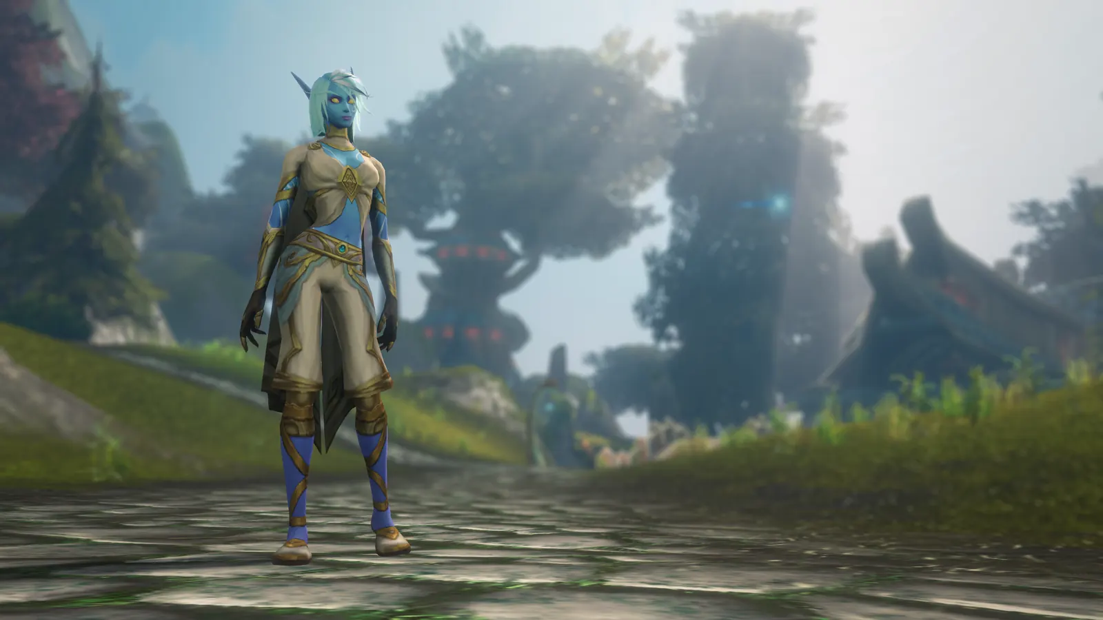 A Skyborne character seen from behind on a misty path, showing the race's feathered hair customization