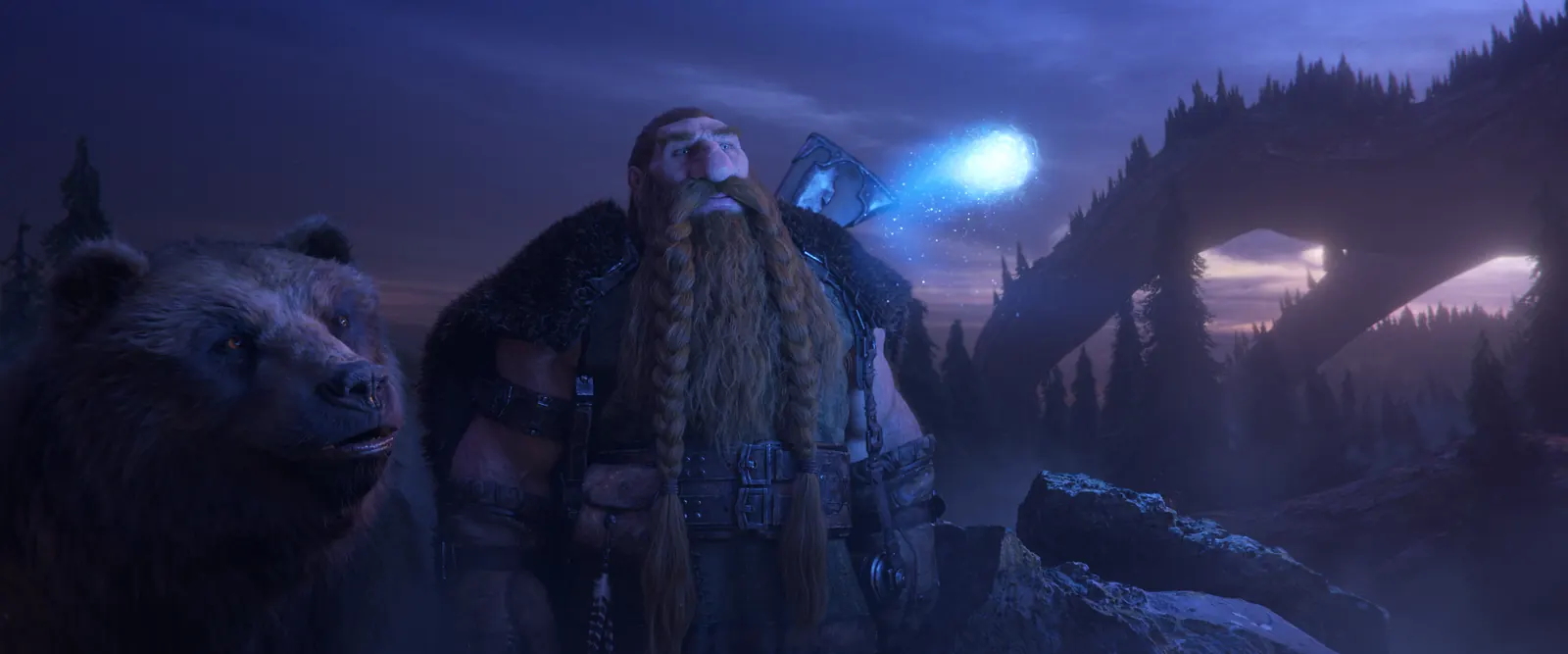 A dwarf and his bear companion at night with a glowing light beside them in the World of Warcraft: Forever cinematic