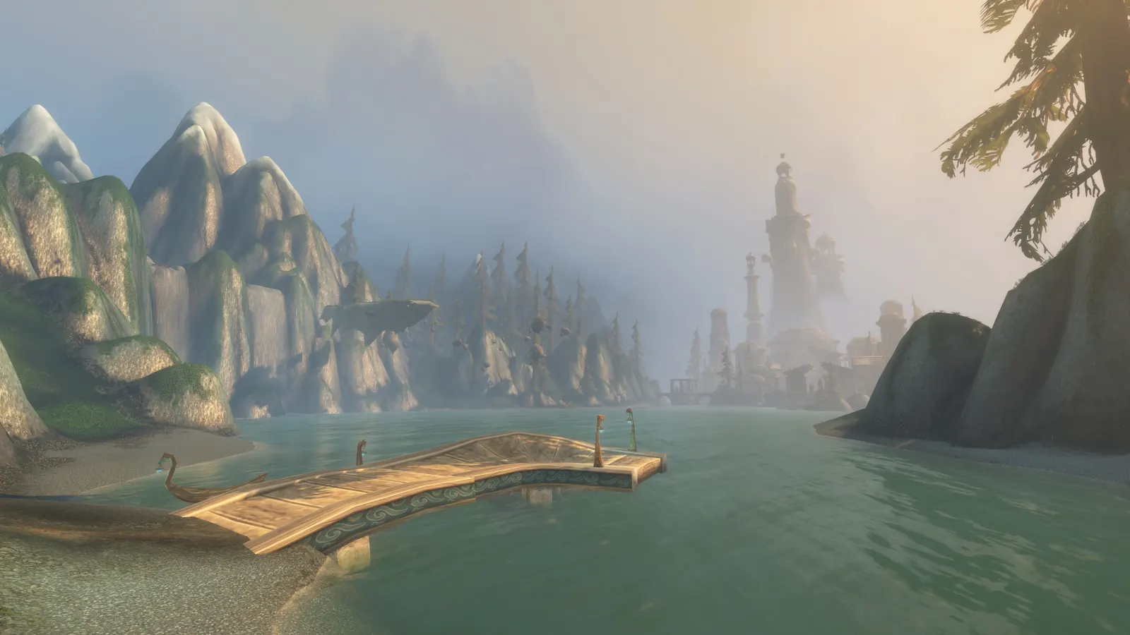 A wooden bridge over pale water with a distant spire on Zephras Isle