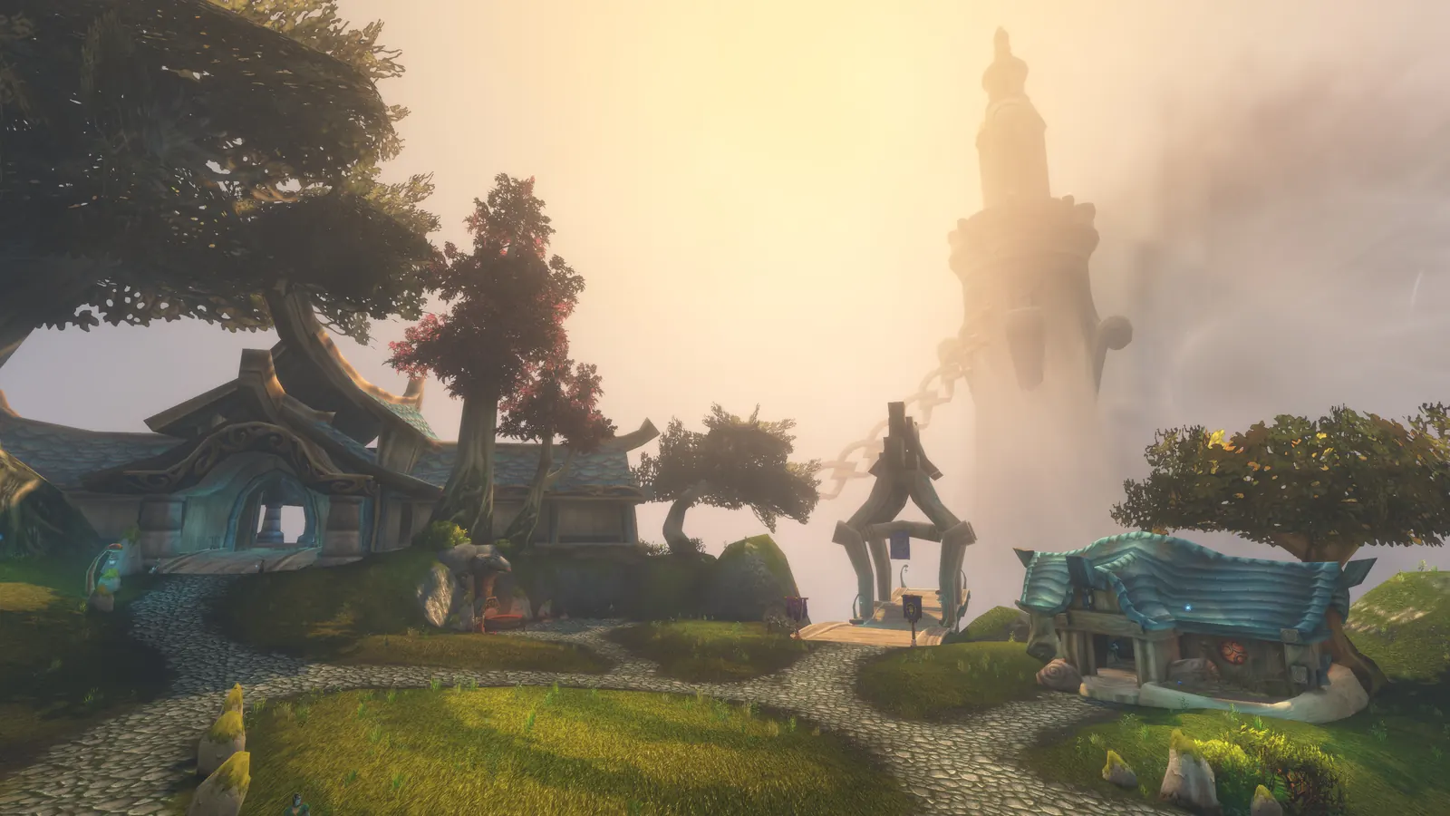 Elven buildings with teal roofs and a tall spire on Zephras Isle, the Skyborne starting zone