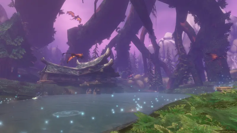 Purple twilight over the glowing waters and twisted trees of Mount Hyjal in World of Warcraft: Forever