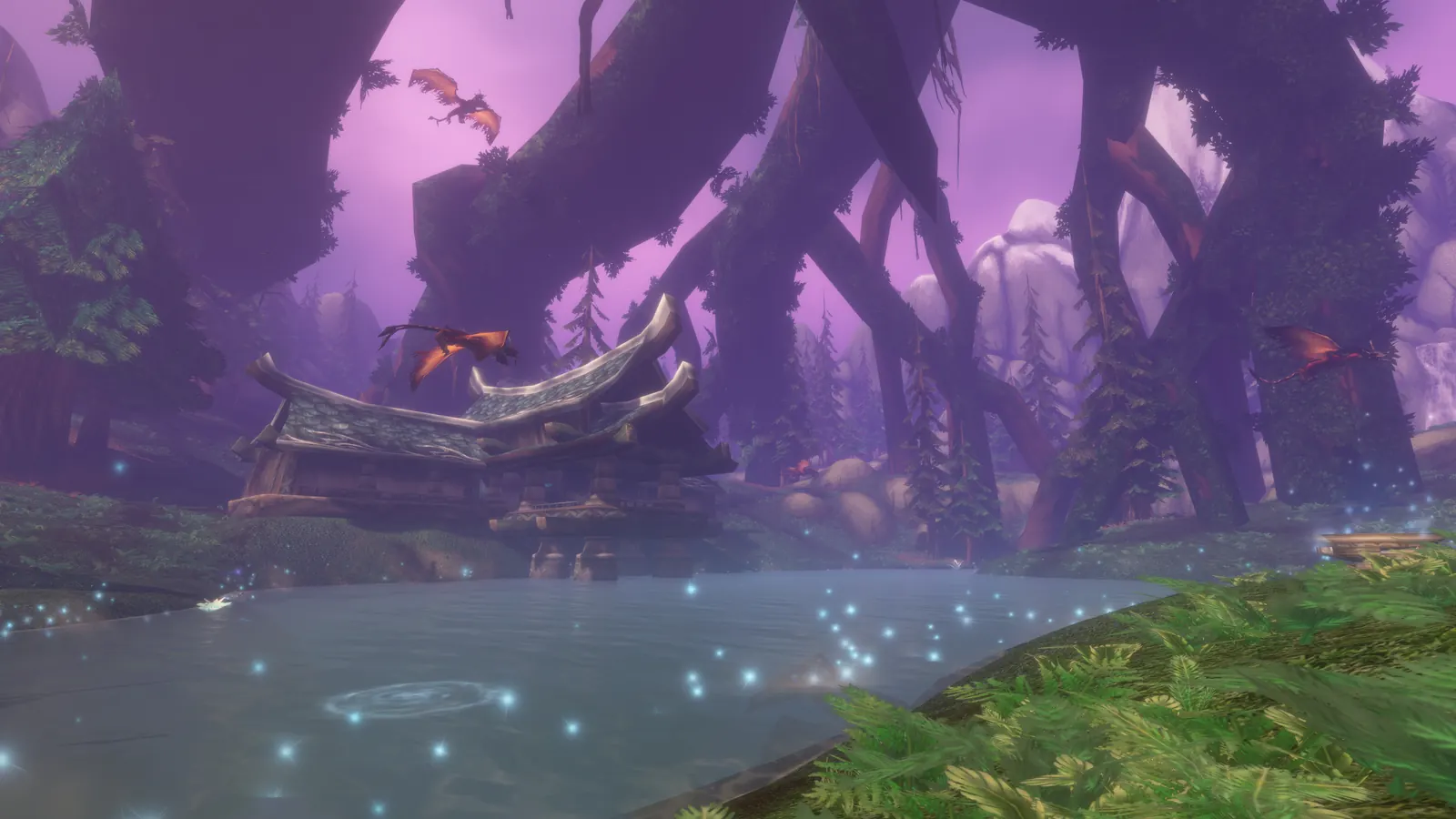 Purple twilight over the glowing waters and twisted trees of Mount Hyjal in World of Warcraft: Forever